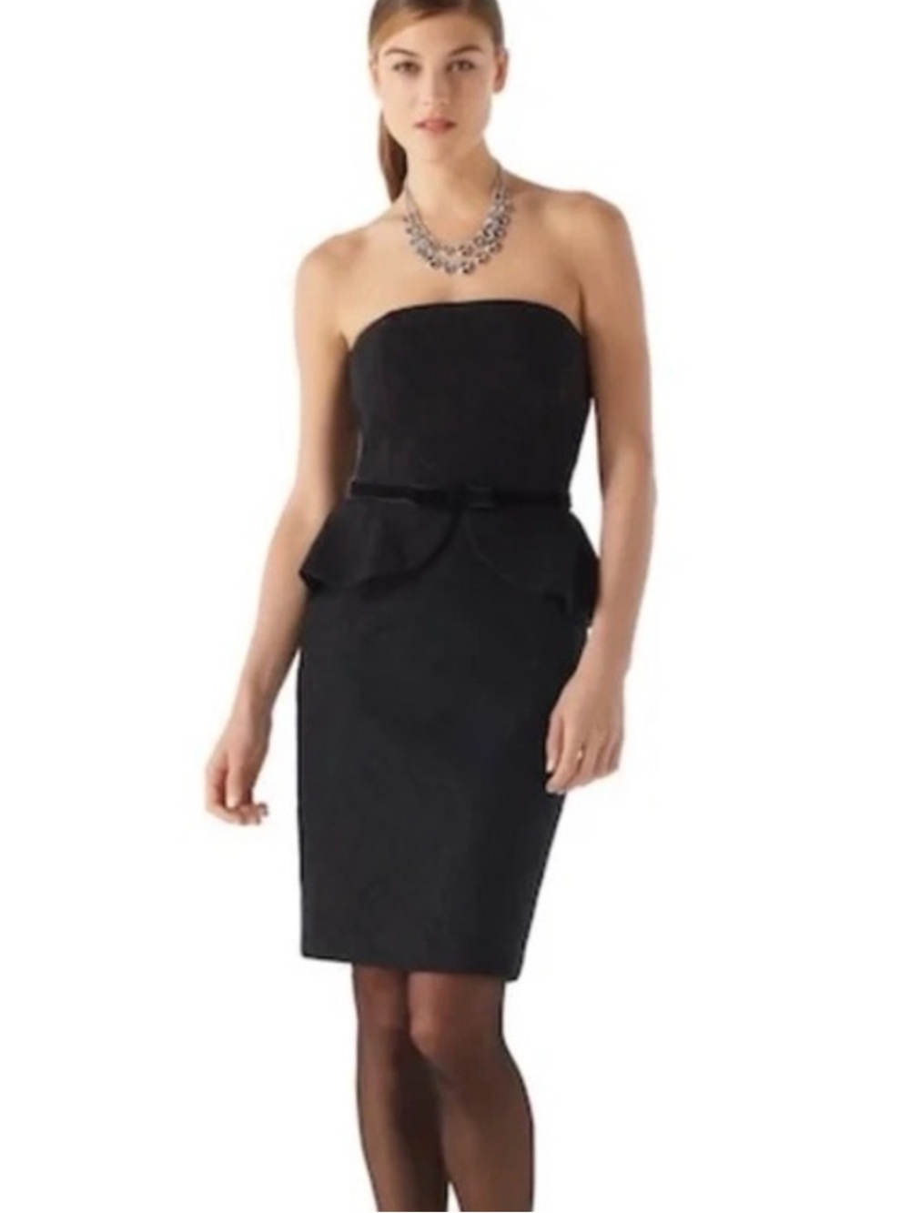 WBHM Strapless Black Lace Peplum Sheath Dress with Velvet Bow Belt Size 4